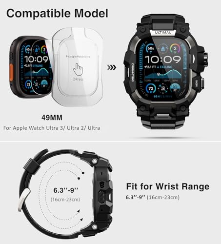 ULTIMAL Rugged Case with Band for Apple Watch 49mm,Compatible with Apple Watch Ultra 3/2/1, Military Grade Shockproof Bumper Cover for iWatch Tactical Band Men (49mm,Black) - Image 2