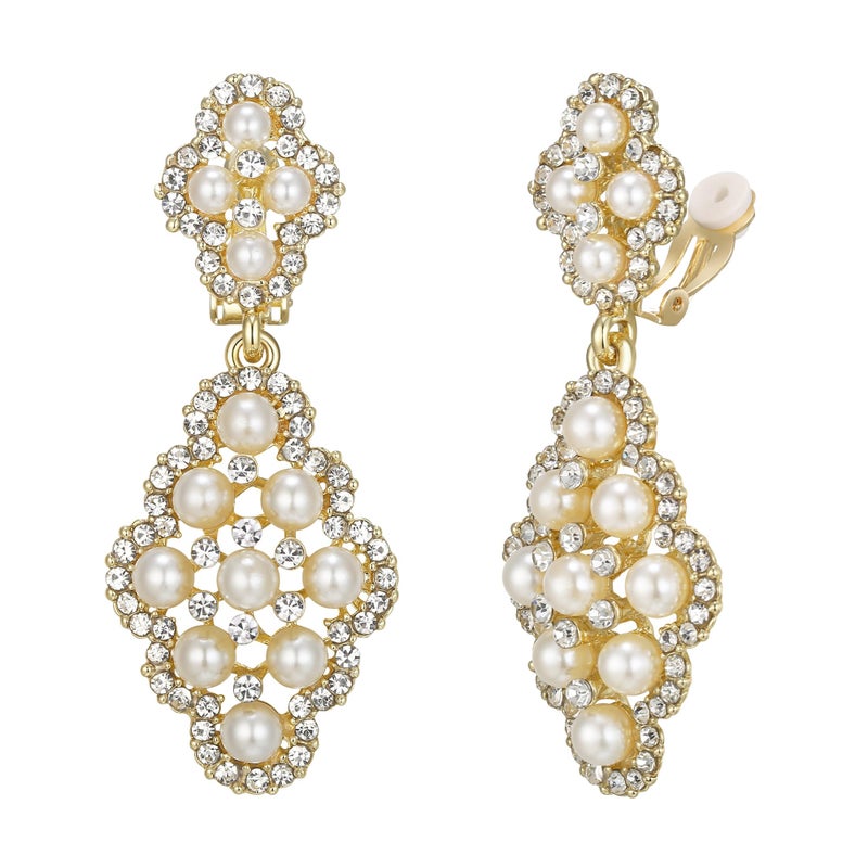 BriLove Wedding Bridal Clip On Earrings for Women Rhombus Crystal Simulated Pearl Hollow Chandelier Dangle Earrings Clear Gold-Toned - Image 1