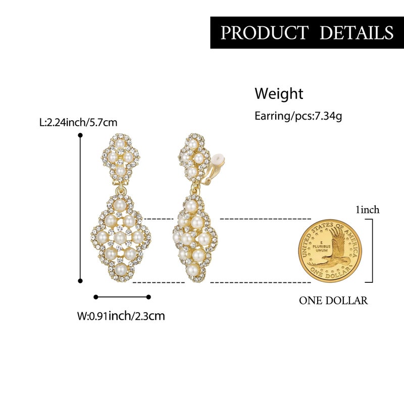 BriLove Wedding Bridal Clip On Earrings for Women Rhombus Crystal Simulated Pearl Hollow Chandelier Dangle Earrings Clear Gold-Toned - Image 5
