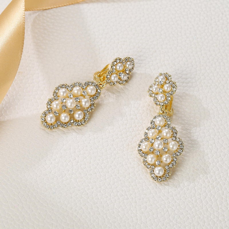 BriLove Wedding Bridal Clip On Earrings for Women Rhombus Crystal Simulated Pearl Hollow Chandelier Dangle Earrings Clear Gold-Toned - Image 4