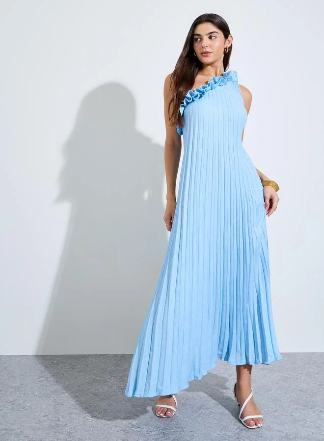 Styli Blue One-Shoulder Pleated Maxi Dress