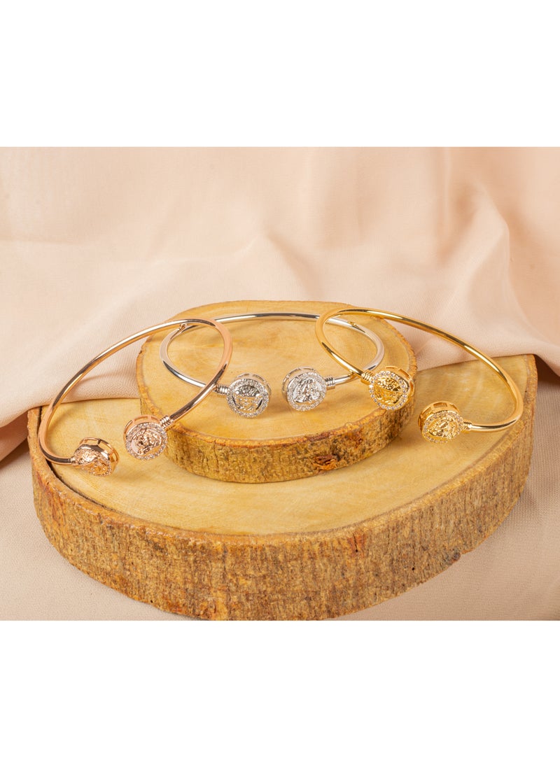 The Black Pearl Accessories - Triple Chinese Gold Free Size Zirconic Medousa Bracelet (Gold, Silver & Rose Gold) - Image 1