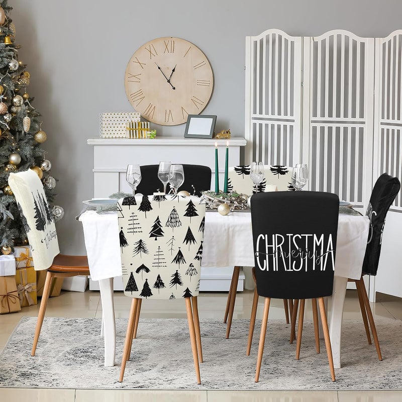 Moukeren موكيرين 6 قطع غطاء ظهر الكرسي بتصميم مينيماليست لعيد الميلاد ديكور عيد الميلاد محايد أشجار الصنوبر السوداء والبيضاء حديث ريفي كتان غطاء ظهر الكرسي لمناسبات المطبخ والاحتفالات - Image 4
