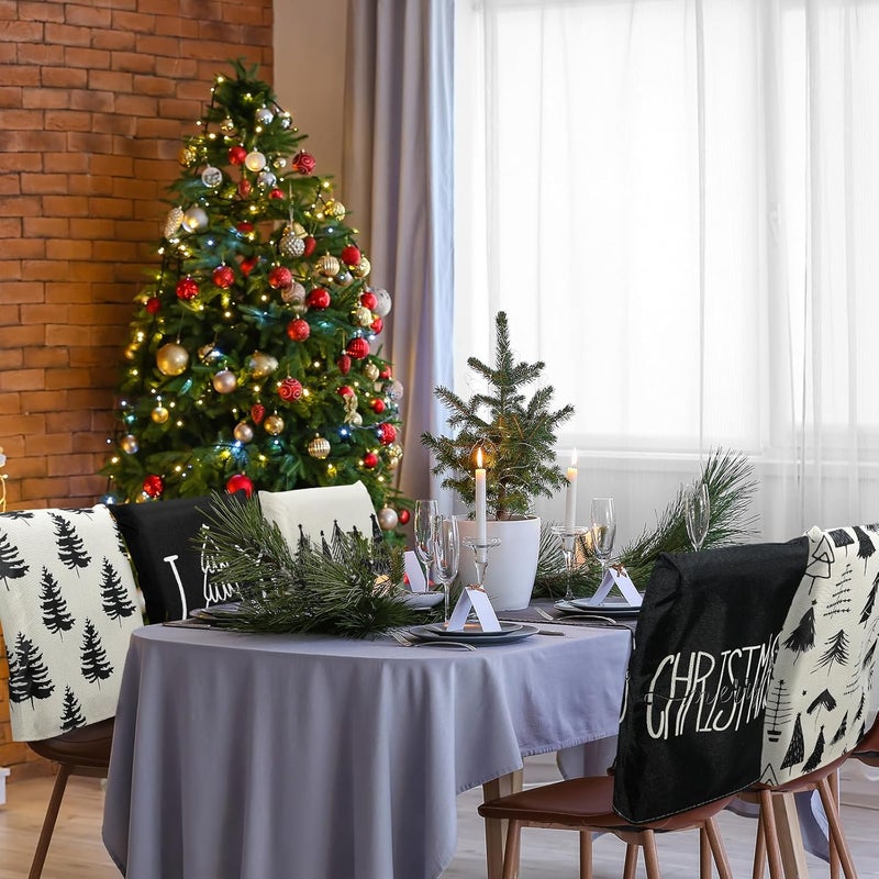 Moukeren موكيرين 6 قطع غطاء ظهر الكرسي بتصميم مينيماليست لعيد الميلاد ديكور عيد الميلاد محايد أشجار الصنوبر السوداء والبيضاء حديث ريفي كتان غطاء ظهر الكرسي لمناسبات المطبخ والاحتفالات - Image 5