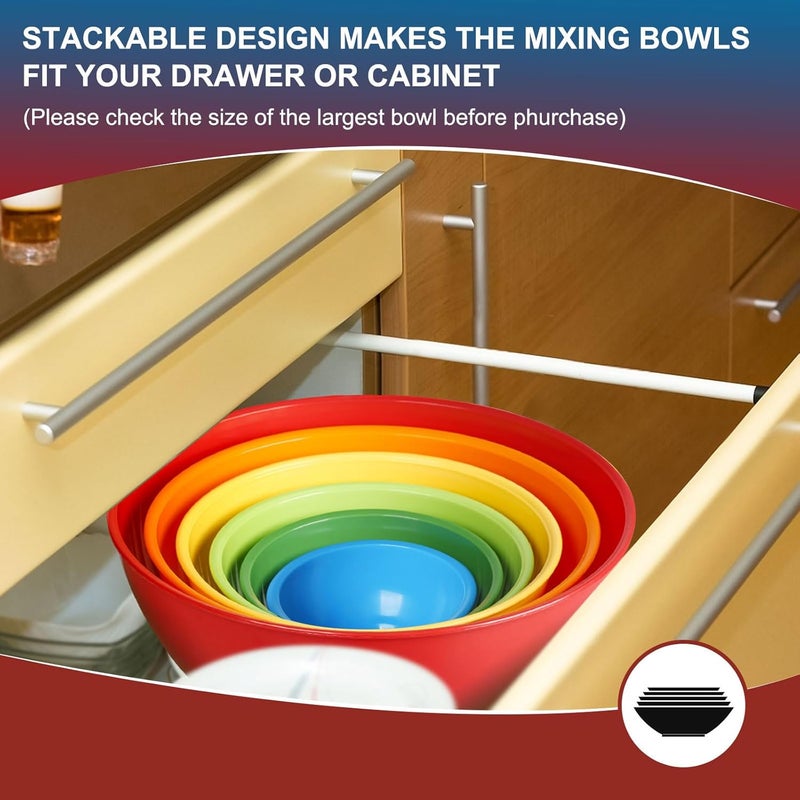 Greentainer 6-Piece Plastic Mixing Bowl Set with Lids for Kitchen, Nesting Storage Bowls for Baking, Prepping,Cooking and Serving Food, Dishwasher, Microwave Safe,Great for Mixing & Serving(6 Set-Rose Red) - Image 4