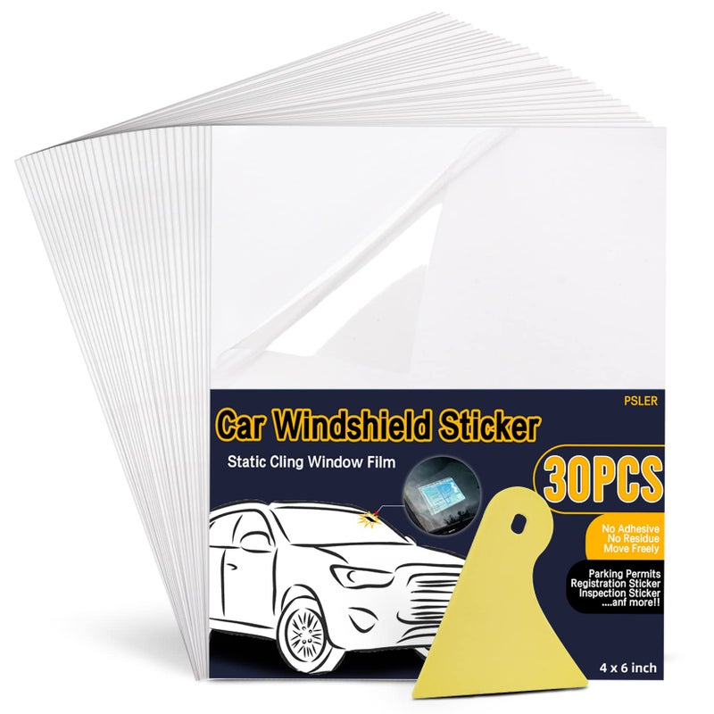 PSLER Car Windshield Sticker Windshield Applicator Clear Window Cling Car Inspection Sticker Holder Static Cling Window Film for Cars 30PCS 4 x 6 inch Static Cling Vinyl for Pass Holder