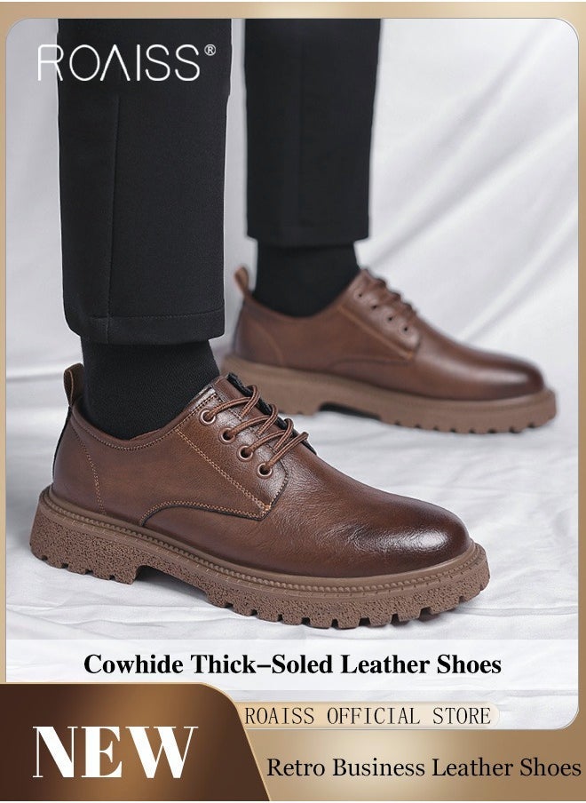 roaiss - Men Vintage Business Casual Leather Shoes Thick Soled Head Leather Shoes for Men Dress Boots with British Style  Low Cut Work Boot Design - Image 1