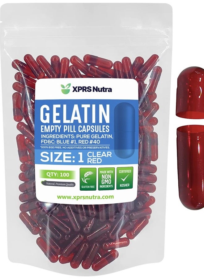 XPRS Nutra Size 1 Empty Capsules - Clear Red Colored Empty Gelatin Capsules - Empty Pill Capsules - DIY Supplement Capsule Filling - Fillable Color Gel Caps Pills (100 Count) - Image 1