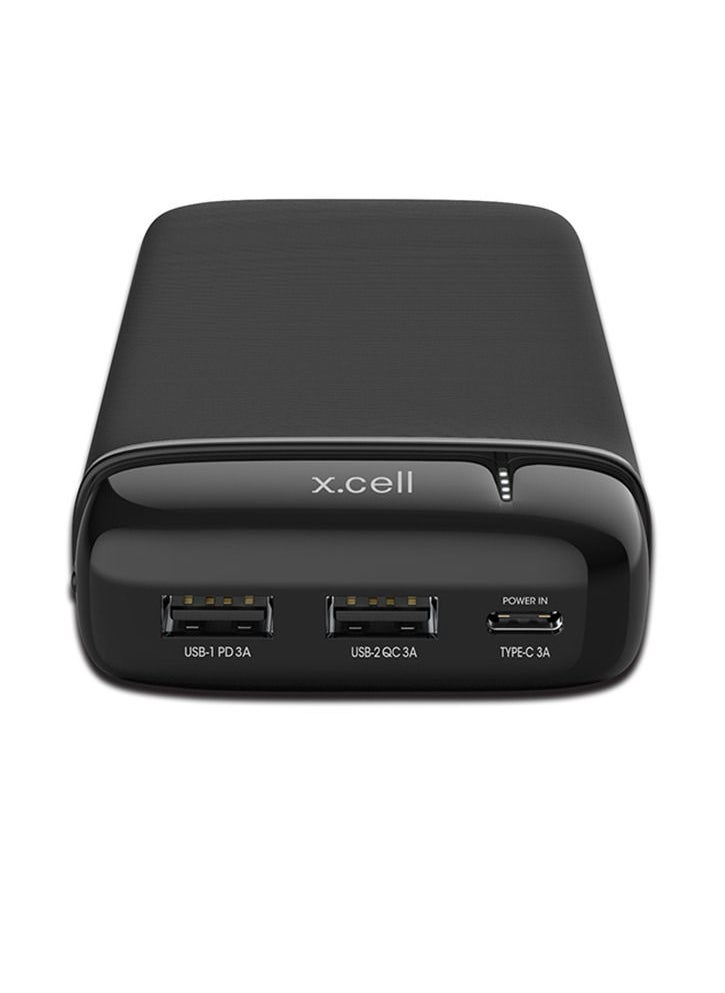 Xcell Power Bank 20000MAH, 20W Output with Fast Charging, Triple Outputs 2 Smart USB and Type C- Black