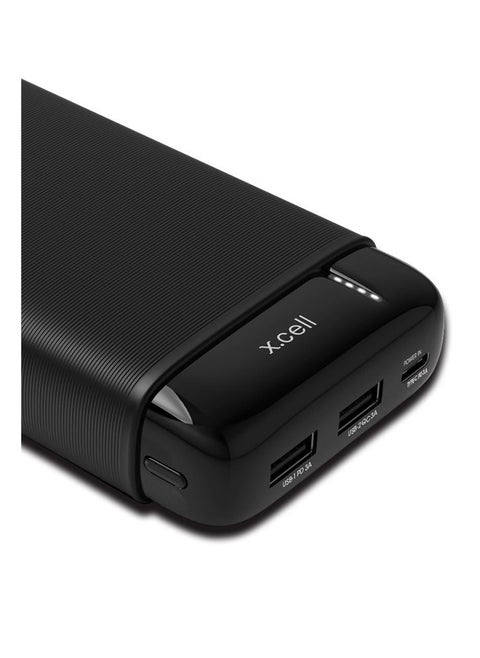 Xcell Power Bank 20000MAH, 20W Output with Fast Charging, Triple Outputs 2 Smart USB and Type C- Black