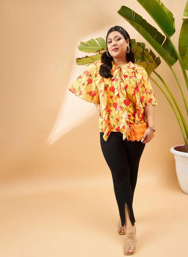 Sassafras Plus Floral Print Top with Tie-Up Neck and Ruffled Detail
