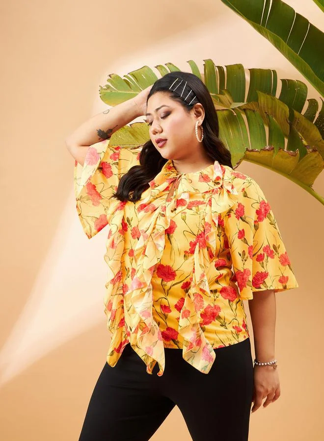 Sassafras Plus Floral Print Top with Tie-Up Neck and Ruffled Detail
