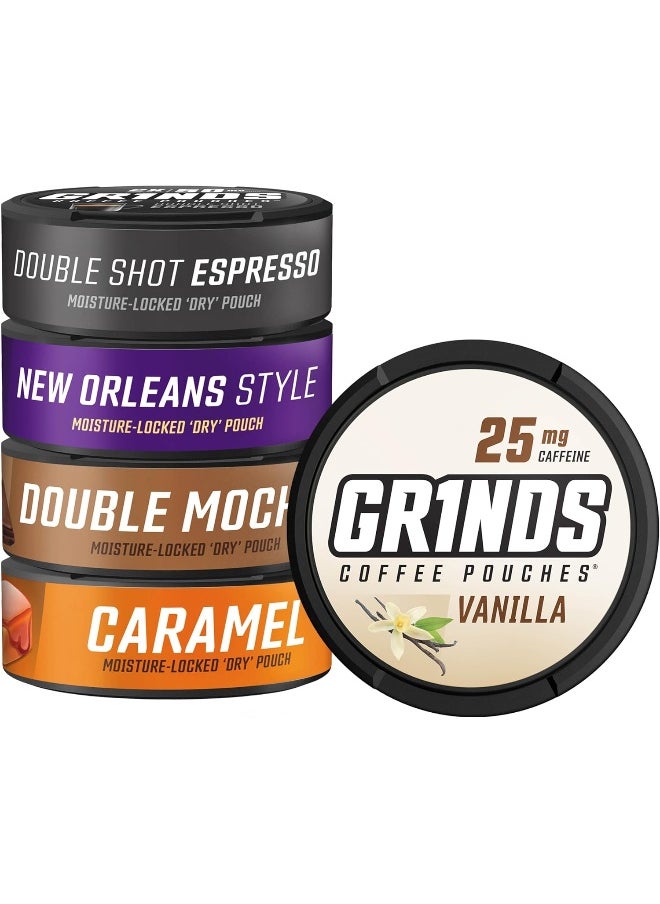 GRINDS Coffee Pouches | 5 Can Sampler | Double Shot Espresso, Vanilla, New Orleans, Double Mocha, Caramel  - Image 1