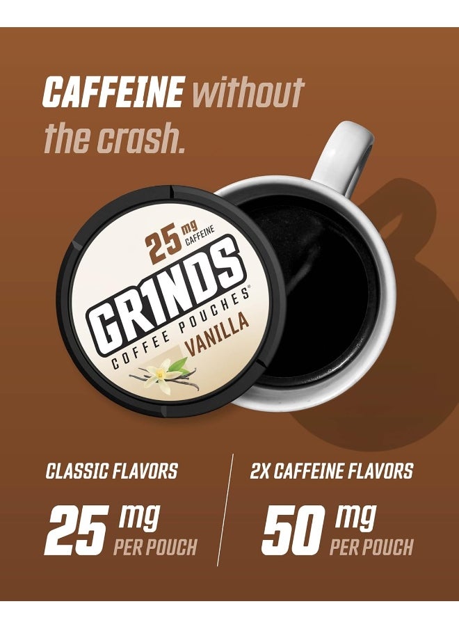 GRINDS Coffee Pouches | 5 Can Sampler | Double Shot Espresso, Vanilla, New Orleans, Double Mocha, Caramel  - Image 3