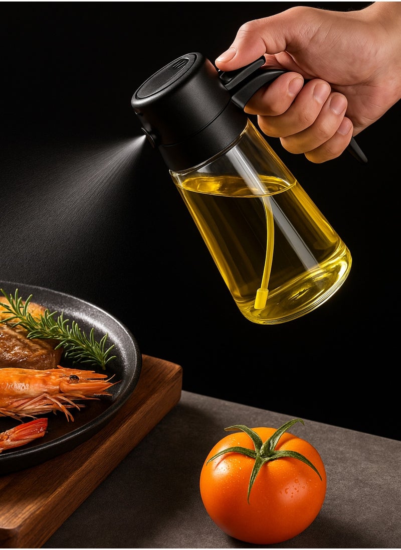 F.A.M.S Oil Dispenser Bottle – 470ml Glass Oil Sprayer, 2-in-1 Spray & Pour Design with Fine Mist and Controlled Flow Nozzle – For Cooking, Air Fryer, BBQ, Salad, Baking – Refillable & Leak-Proof – Black  - Image 1
