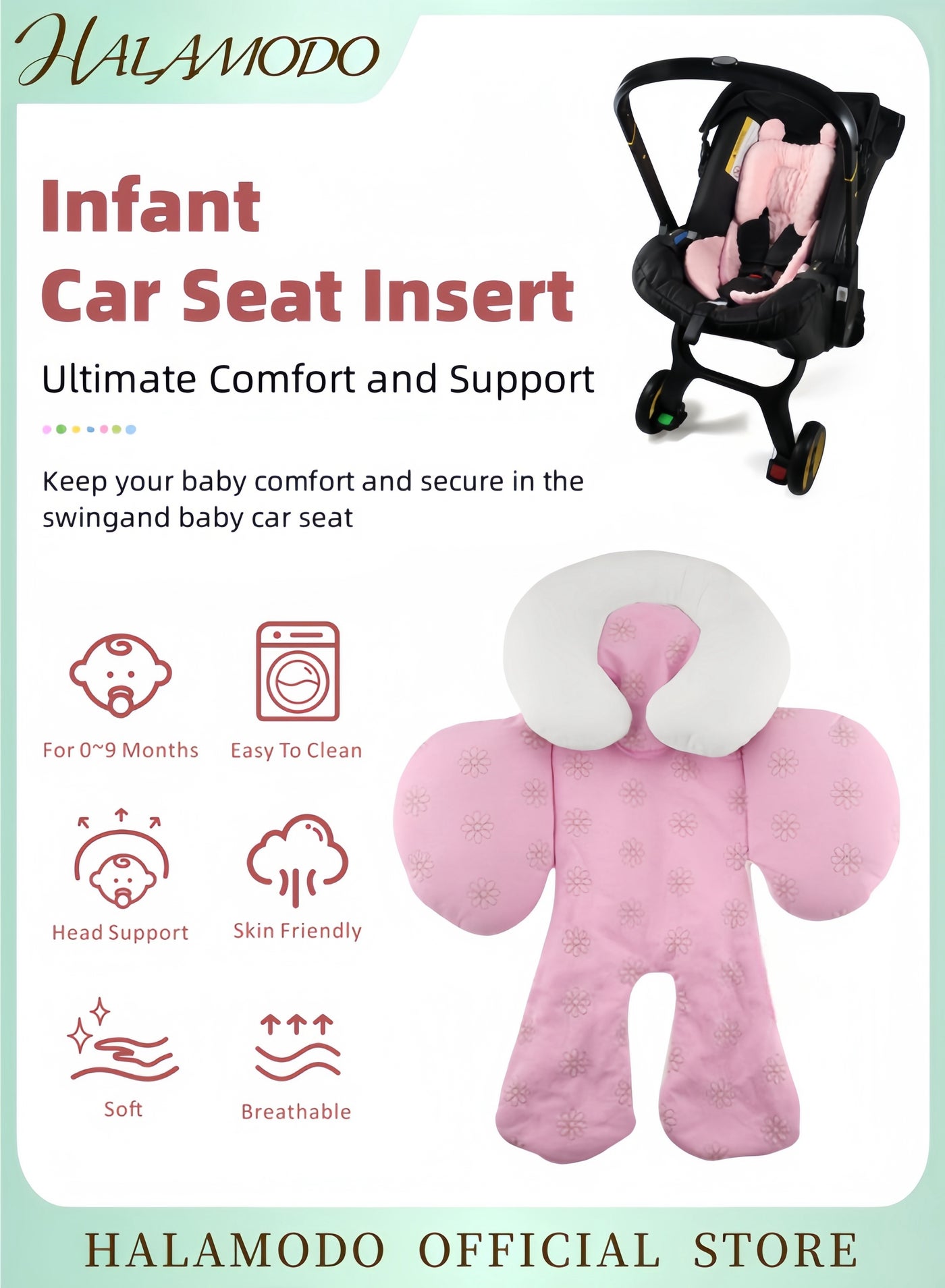 Reversible Baby Car Seat Insert for Boys and Girls Dual-Sided Stroller Cushion with Head and Body Support Soft Infant Headrest for Stroller Car Seat and Swing