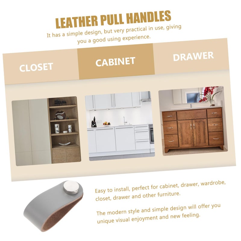 Gray Leather Drawer Pulls 10 Piece Cabinet Handles Easy Install No Drill Furniture Accessories - Image 4