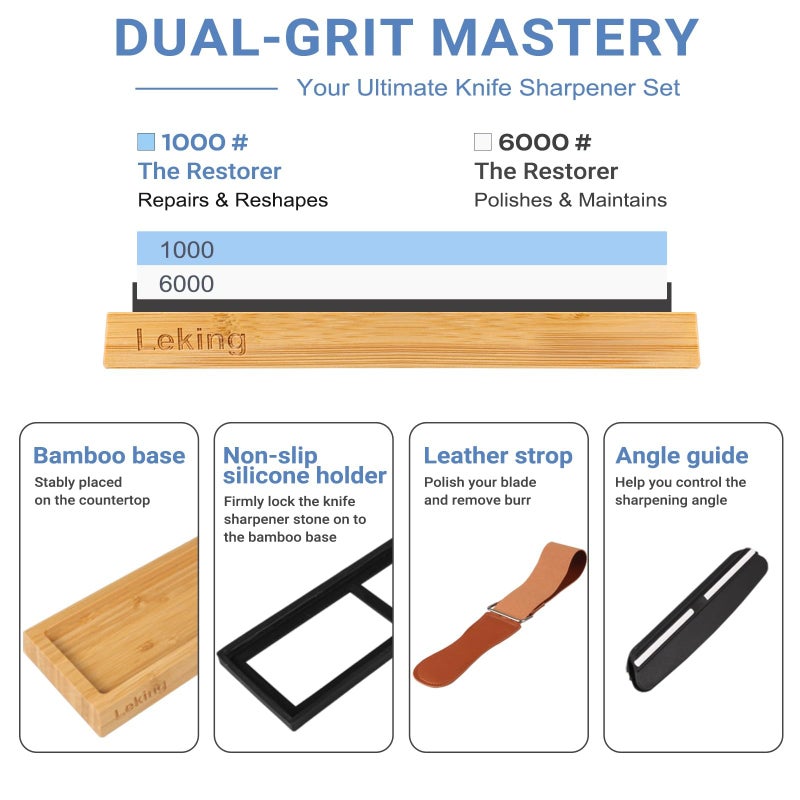 Leking Professional Knife Sharpener & Sharpening Stone Set: 1000/6000 Grit Dual-Sided Whetstone(7"x2.4"x1.2") with Bamboo Base, Non-Slip Silicone Holder, Angle Guide & Leather Strop Kit - Image 2