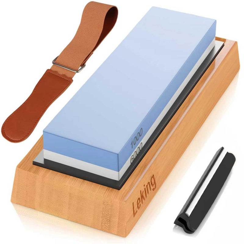 Leking Professional Knife Sharpener & Sharpening Stone Set: 1000/6000 Grit Dual-Sided Whetstone(7"x2.4"x1.2") with Bamboo Base, Non-Slip Silicone Holder, Angle Guide & Leather Strop Kit - Image 1