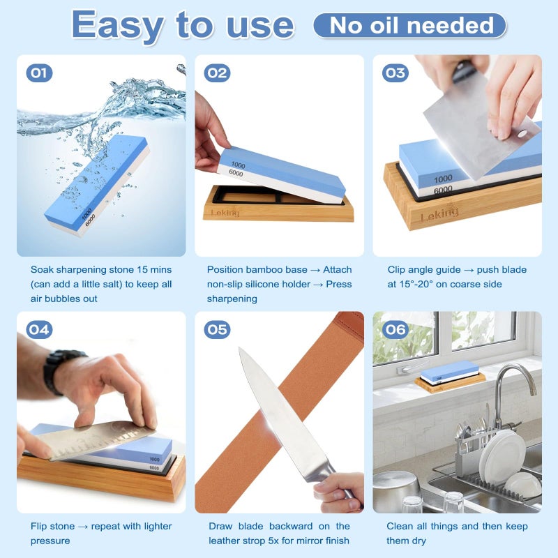 Leking Professional Knife Sharpener & Sharpening Stone Set: 1000/6000 Grit Dual-Sided Whetstone(7"x2.4"x1.2") with Bamboo Base, Non-Slip Silicone Holder, Angle Guide & Leather Strop Kit - Image 5