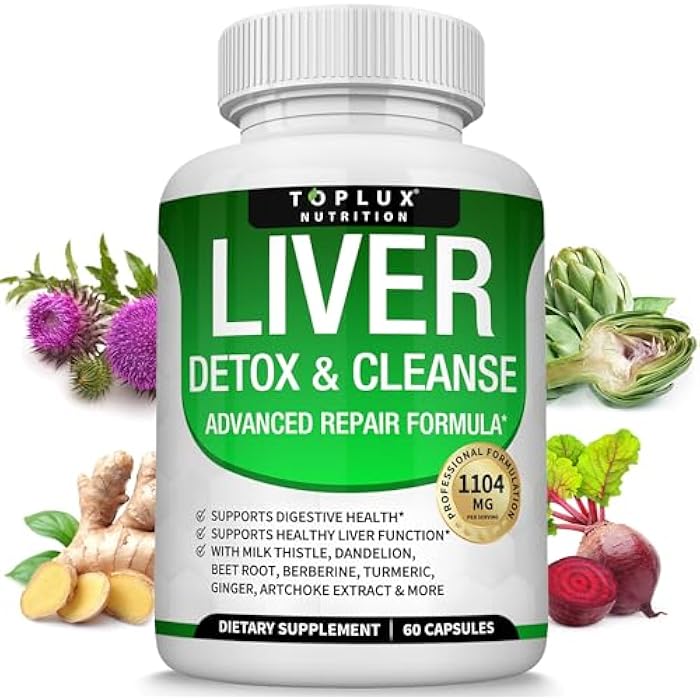 Toplux تركيبة تنظيف الكبد وإصلاحه - مكمل تنظيف الكبد - حليب الشوك مع الهندباء، الخرشوف، الكركم، جذر الشمندر، الكركم والمزيد لتنظيف عشبي طبيعي وسريع، غير معدّل وراثيًا، نباتي، 60 كبسولة - Image 1