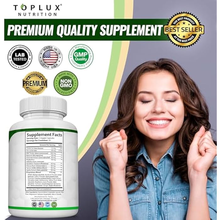 Toplux تركيبة تنظيف الكبد وإصلاحه - مكمل تنظيف الكبد - حليب الشوك مع الهندباء، الخرشوف، الكركم، جذر الشمندر، الكركم والمزيد لتنظيف عشبي طبيعي وسريع، غير معدّل وراثيًا، نباتي، 60 كبسولة - Image 5