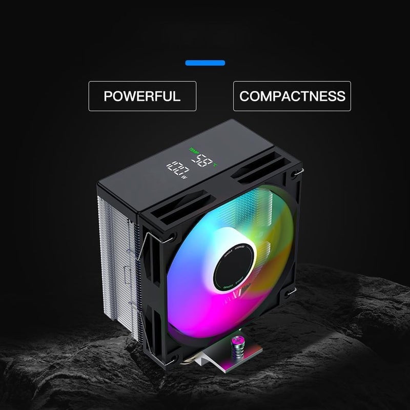 كاست ويف مبرد هواء رقمي للمعالج (CPU Air Cooler)، طراز AF400s RGB، يحتوي على 4 أنابيب تبريد، يدعم تقنية التلامس المباشر (Direct Touch Process)، مروحة معالج بحجم 120 مم ومزودة بتقنية الإضاءة RGB، يتم تزامن إضاءة ARGB مع اللوحة الأم (Motherboard)، يتوافق مع معالجات AMD AM4/AM5 وRyzen/Intel LGA 1700/115X، اللون أسود. - Image 2