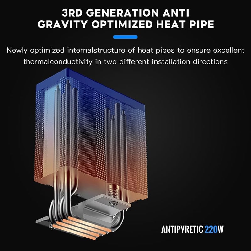 كاست ويف مبرد هواء رقمي للمعالج (CPU Air Cooler)، طراز AF400s RGB، يحتوي على 4 أنابيب تبريد، يدعم تقنية التلامس المباشر (Direct Touch Process)، مروحة معالج بحجم 120 مم ومزودة بتقنية الإضاءة RGB، يتم تزامن إضاءة ARGB مع اللوحة الأم (Motherboard)، يتوافق مع معالجات AMD AM4/AM5 وRyzen/Intel LGA 1700/115X، اللون أسود. - Image 4