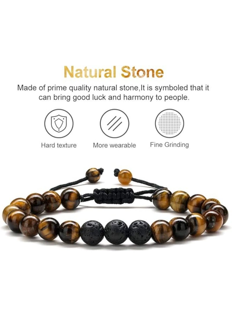 2Pcs Beaded Bracelets for Men - 8mm Tiger Eye Bead Bracelet Adjustable Natural Lava Rock Stone & Matte Agate, Essential Oil Anxiety Aromatherapy Bracelets Jewelry Gift Natural Bead Bracelet for Men - Image 4