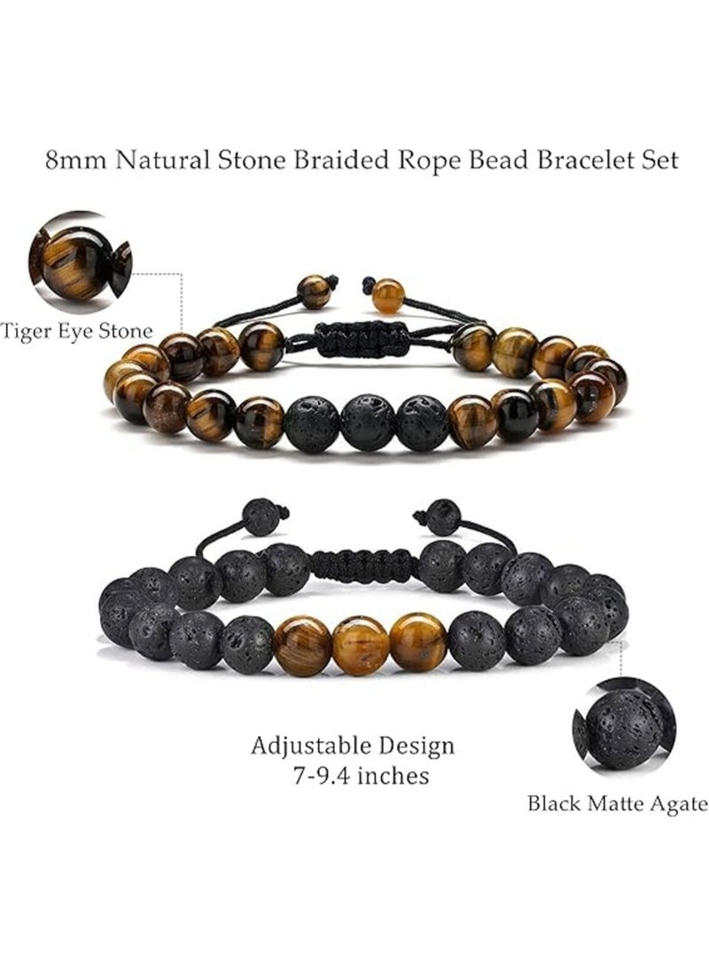2Pcs Beaded Bracelets for Men - 8mm Tiger Eye Bead Bracelet Adjustable Natural Lava Rock Stone & Matte Agate, Essential Oil Anxiety Aromatherapy Bracelets Jewelry Gift Natural Bead Bracelet for Men - Image 2