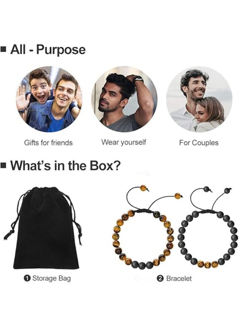 2Pcs Beaded Bracelets for Men - 8mm Tiger Eye Bead Bracelet Adjustable Natural Lava Rock Stone & Matte Agate, Essential Oil Anxiety Aromatherapy Bracelets Jewelry Gift Natural Bead Bracelet for Men - Image 3