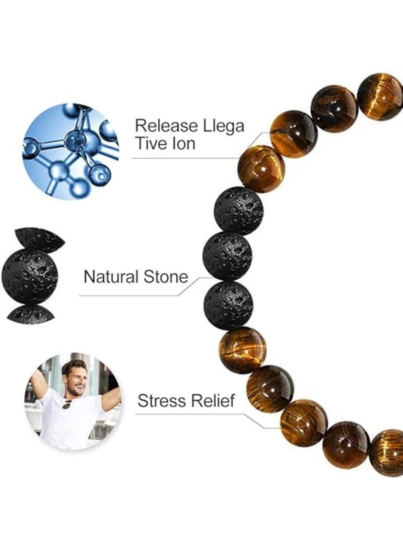 2Pcs Beaded Bracelets for Men - 8mm Tiger Eye Bead Bracelet Adjustable Natural Lava Rock Stone & Matte Agate, Essential Oil Anxiety Aromatherapy Bracelets Jewelry Gift Natural Bead Bracelet for Men - Image 5