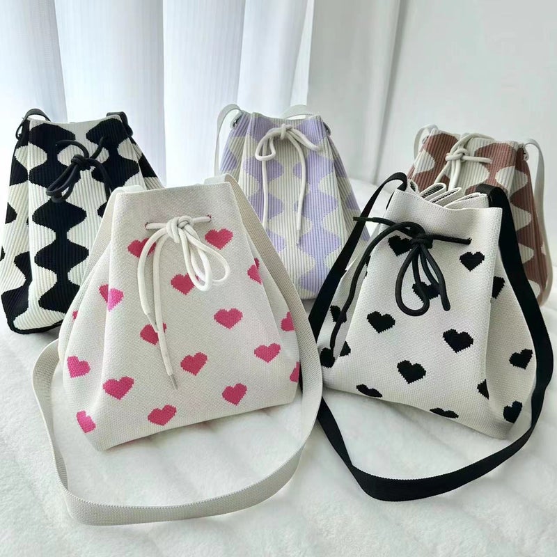 Japanese And Korean-Style Ins Striped Wiggly Knitted Bag Drawstring Shrink Hand Bag Shoulder Bag Folding Bag Tote Bag - Image 4