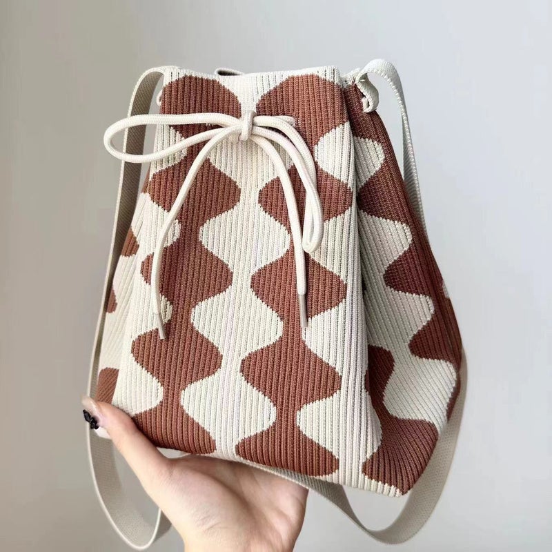 Japanese And Korean-Style Ins Striped Wiggly Knitted Bag Drawstring Shrink Hand Bag Shoulder Bag Folding Bag Tote Bag - Image 2