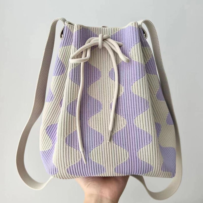 Japanese And Korean-Style Ins Striped Wiggly Knitted Bag Drawstring Shrink Hand Bag Shoulder Bag Folding Bag Tote Bag - Image 3