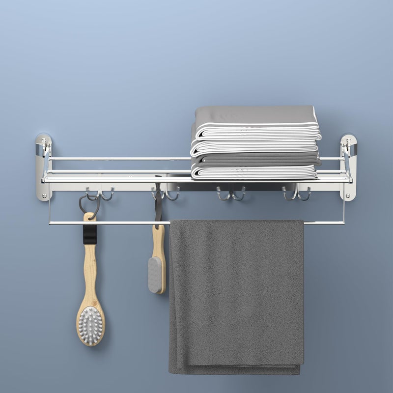 Kuber Industries Wall Mounted Foldable Bathroom Towel Holder with 4 Fixed Dual Hooks | Stylish Stainless Steel Towel Hanger/Rack - Bathroom Accessories & Fittings | Chrome Finish - Silver - Image 2