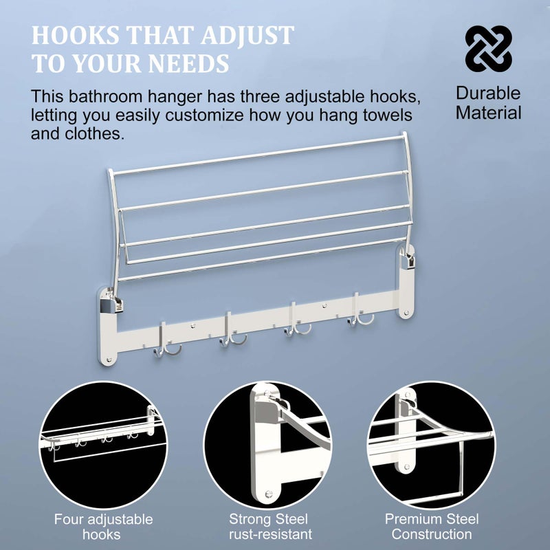 Kuber Industries Wall Mounted Foldable Bathroom Towel Holder with 4 Fixed Dual Hooks | Stylish Stainless Steel Towel Hanger/Rack - Bathroom Accessories & Fittings | Chrome Finish - Silver - Image 5