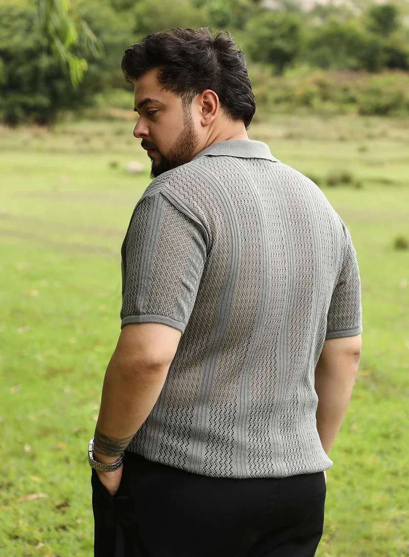 Instafab Plus Instafab Plus Men Brick-Textured Polo T-Shirt | Polo Neck , Short Ribbed Cuff Sleeves | Pull On Closure , Straight Hem | Geometric Jacquard | Knitted Fabric For Casual & Daily Wear | Cloud Grey