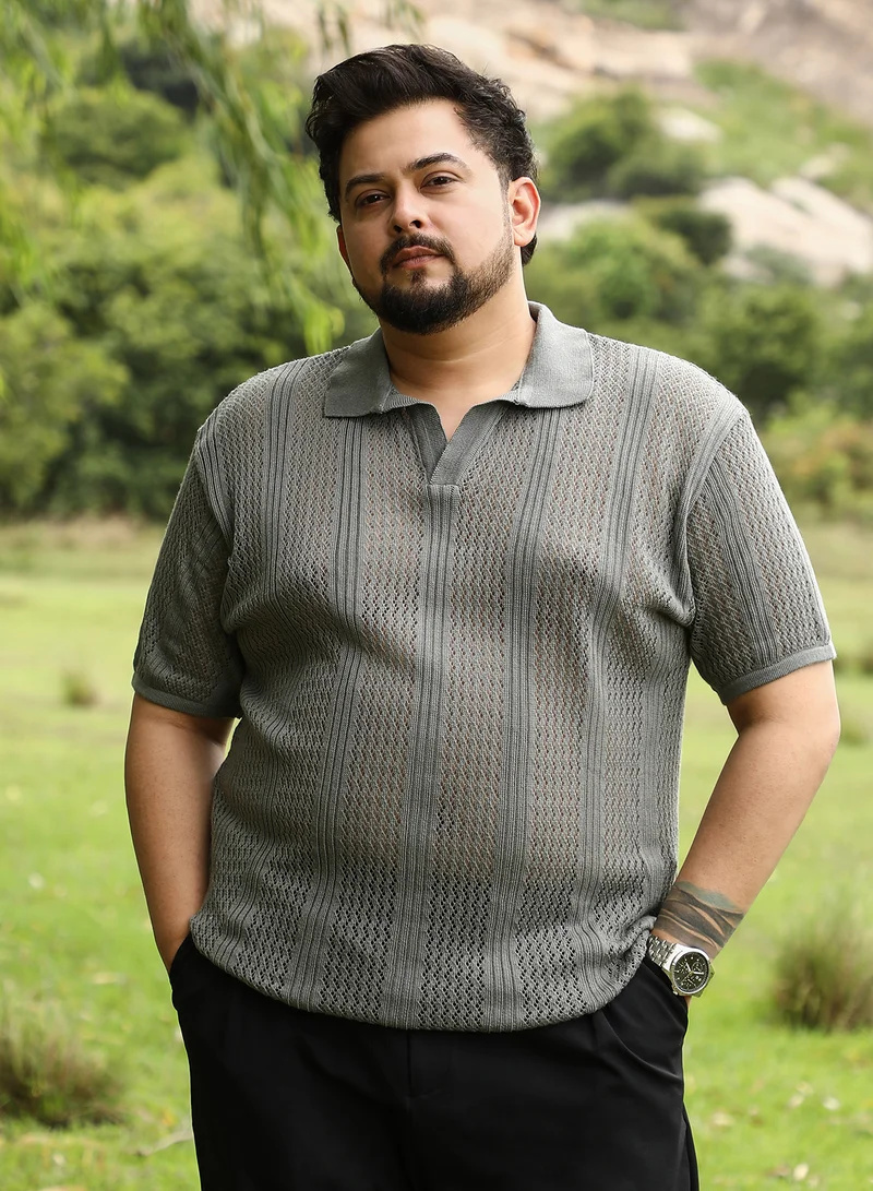 Instafab Plus Instafab Plus Men Brick-Textured Polo T-Shirt | Polo Neck , Short Ribbed Cuff Sleeves | Pull On Closure , Straight Hem | Geometric Jacquard | Knitted Fabric For Casual & Daily Wear | Cloud Grey