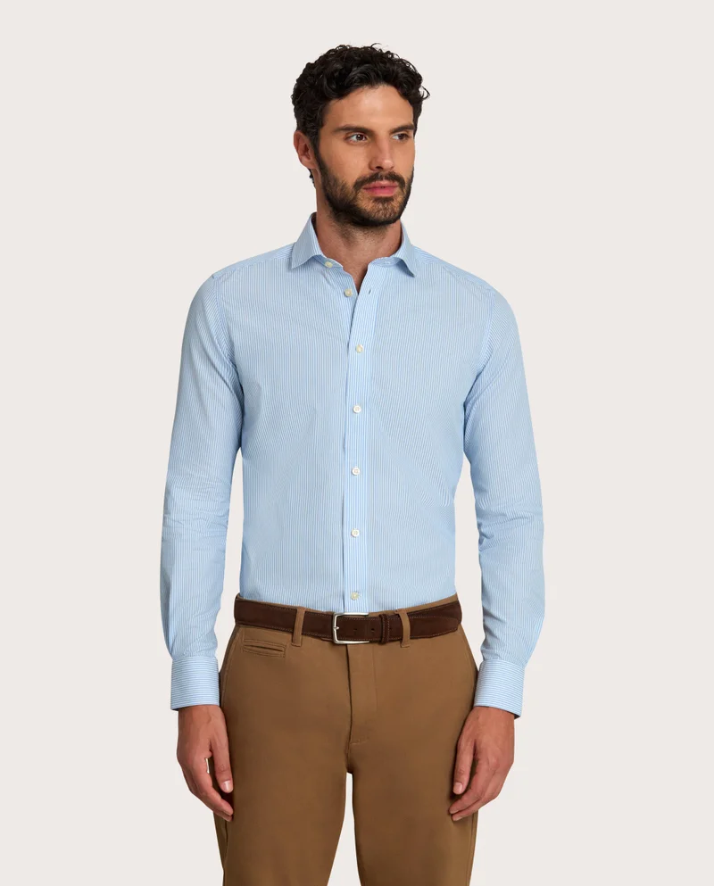 كاميتشسما Non-Iron Poplin Shirt With Light Blue Stripes, Extra Slim Fitted