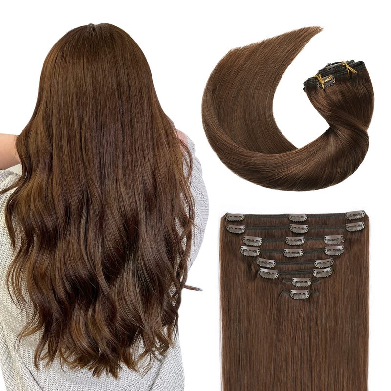 Sunya Clipin Hair Extensions 18 4 Chocolate Brown Real Human Hair 8Pcs120g Straight Clipin Extension