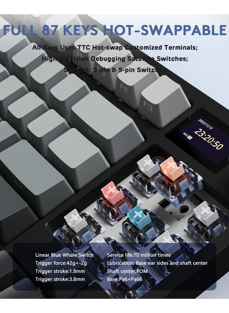هجوم القرش لوحة مفاتيح ميكانيكية لاسلكية K86 RGB، ثلاثية الوضع Bluetooth5.0/2.4G/USB-C، 87 مفتاحًا قابلاً للتبديل الساخن، لوحة مفاتيح ألعاب مع بطارية 4000 مللي أمبير وشاشة OLED بدقة عالية 1.2'' وزر دوار للتحكم في الصوت للألعاب والعمل - Image 5