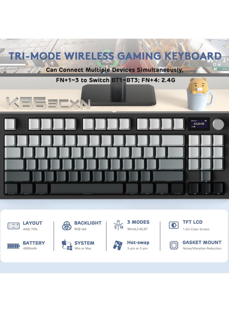 هجوم القرش لوحة مفاتيح ميكانيكية لاسلكية K86 RGB، ثلاثية الوضع Bluetooth5.0/2.4G/USB-C، 87 مفتاحًا قابلاً للتبديل الساخن، لوحة مفاتيح ألعاب مع بطارية 4000 مللي أمبير وشاشة OLED بدقة عالية 1.2'' وزر دوار للتحكم في الصوت للألعاب والعمل - Image 2