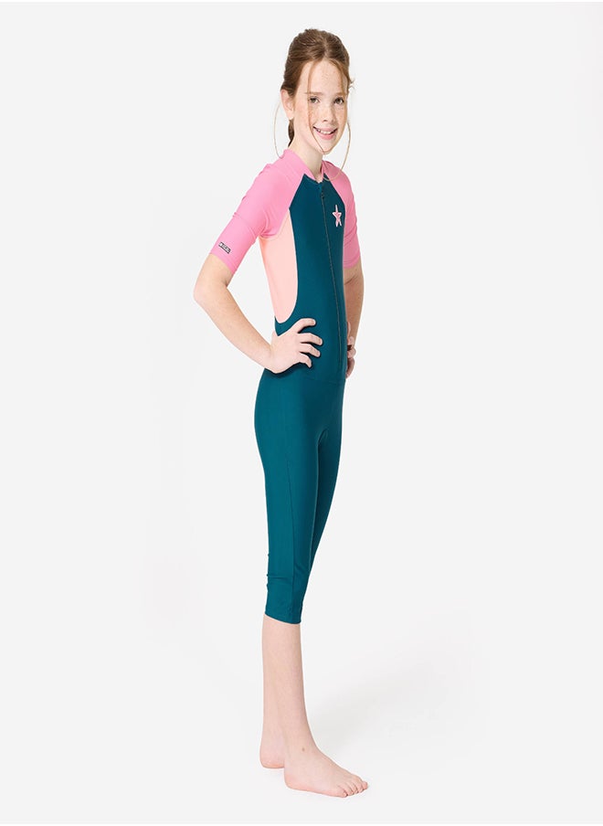 NABAIJI NABAIJI by DECATHLON, Girls' Shorty Swimsuit 100 Starfish Quick-Dry & Comfortable Navy Blue Pink  - Image 1