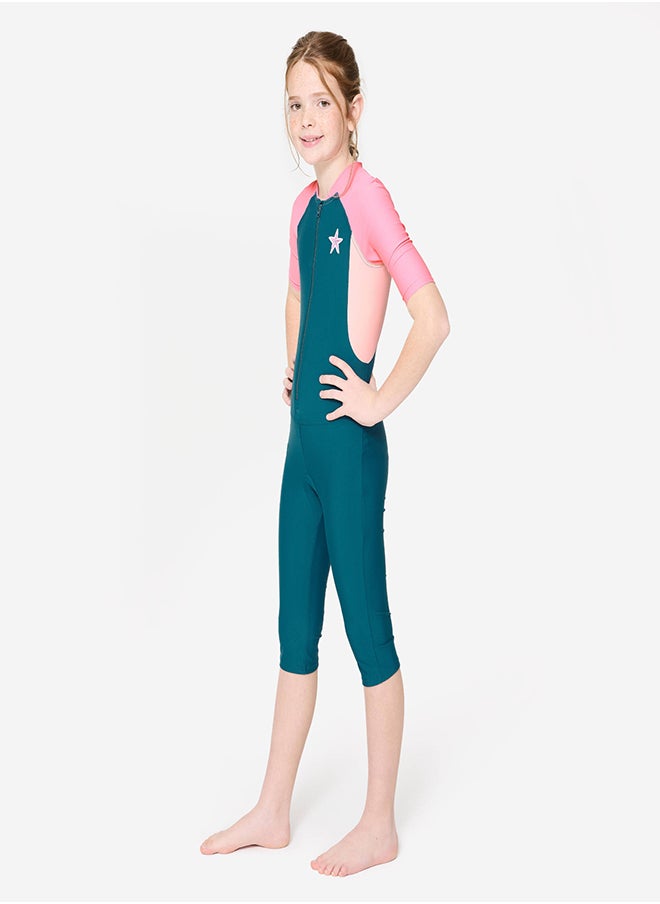NABAIJI NABAIJI by DECATHLON, Girls' Shorty Swimsuit 100 Starfish Quick-Dry & Comfortable Navy Blue Pink  - Image 2