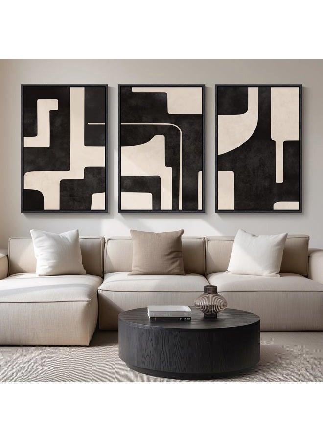 Cuspin Large Framed Neutral Abstract Wall Art for Living Room, 3 Piece Black Beige Canvas Prints Paintings Artwork for Walls, Modern Minimalist Abstract Pictures for Hallway Office Wall Decor 24x36 In - Image 1