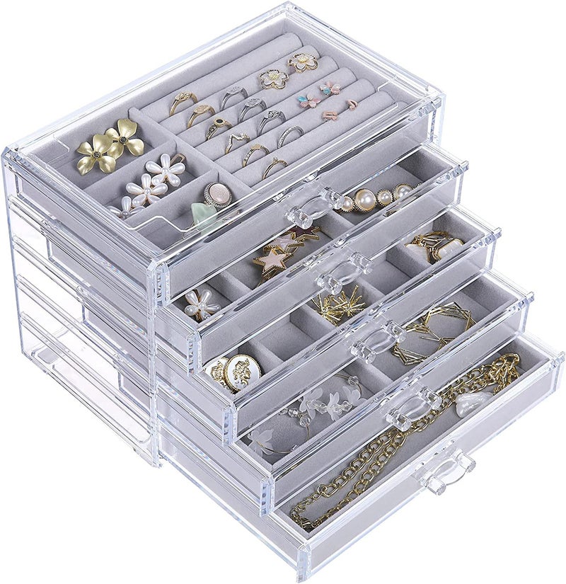 Snazzy 5 Drawers Acrylic Jewelry Organizer, Birthday and Back To School Season Gift, Women Large Clear Jewelry Box, Velvet Jewelry Display Holder for Earrings, Rings, Necklaces, Grey - Image 2
