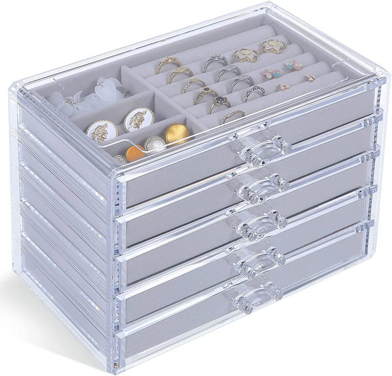 Snazzy 5 Drawers Acrylic Jewelry Organizer, Birthday and Back To School Season Gift, Women Large Clear Jewelry Box, Velvet Jewelry Display Holder for Earrings, Rings, Necklaces, Grey - Image 1