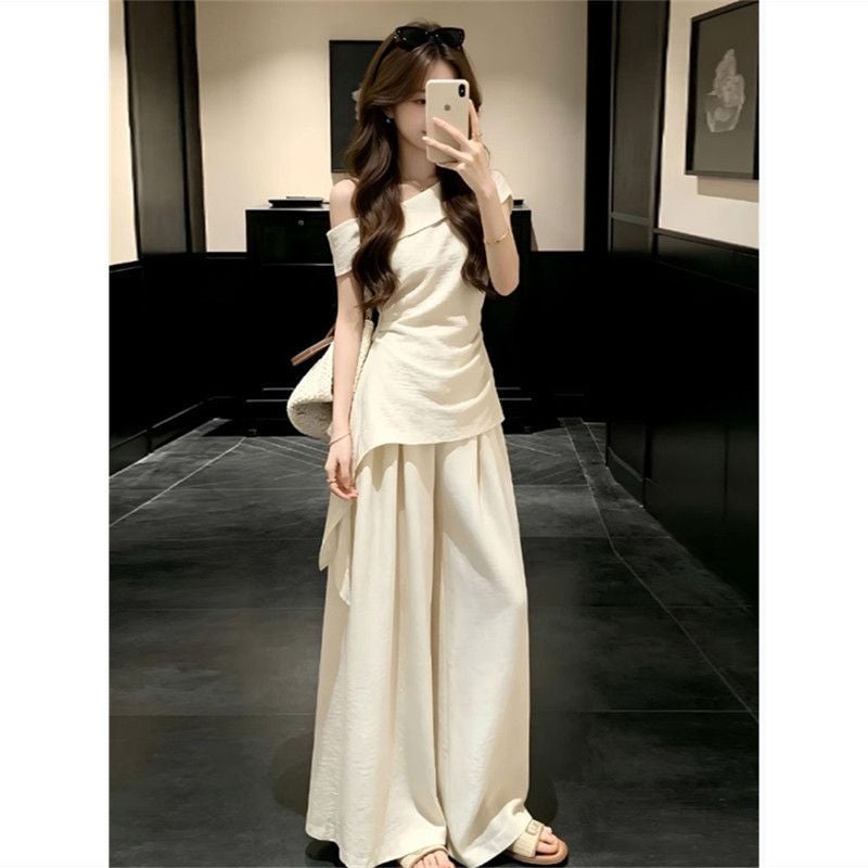 Fashion Summer Women's Set: Off-Shoulder Top with High-Waist Wide-Leg Pants - Image 1