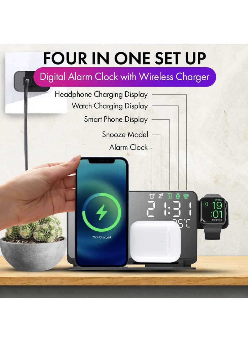 SYOSI - 4-in-1 Wireless Charging Station with Digital Alarm Clock and Temperature Gauge - Compatible with iPhone 15/14/13/12, AirPods, Watch Ultra 9/8/7/6/5, and Galaxy S23-S7 - Image 1